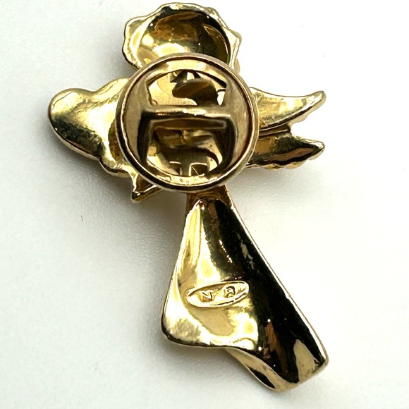 Vintage Signed Guardian Angel Christmas Brooch Pin With Rhinestone Heart - Picture 3 of 6